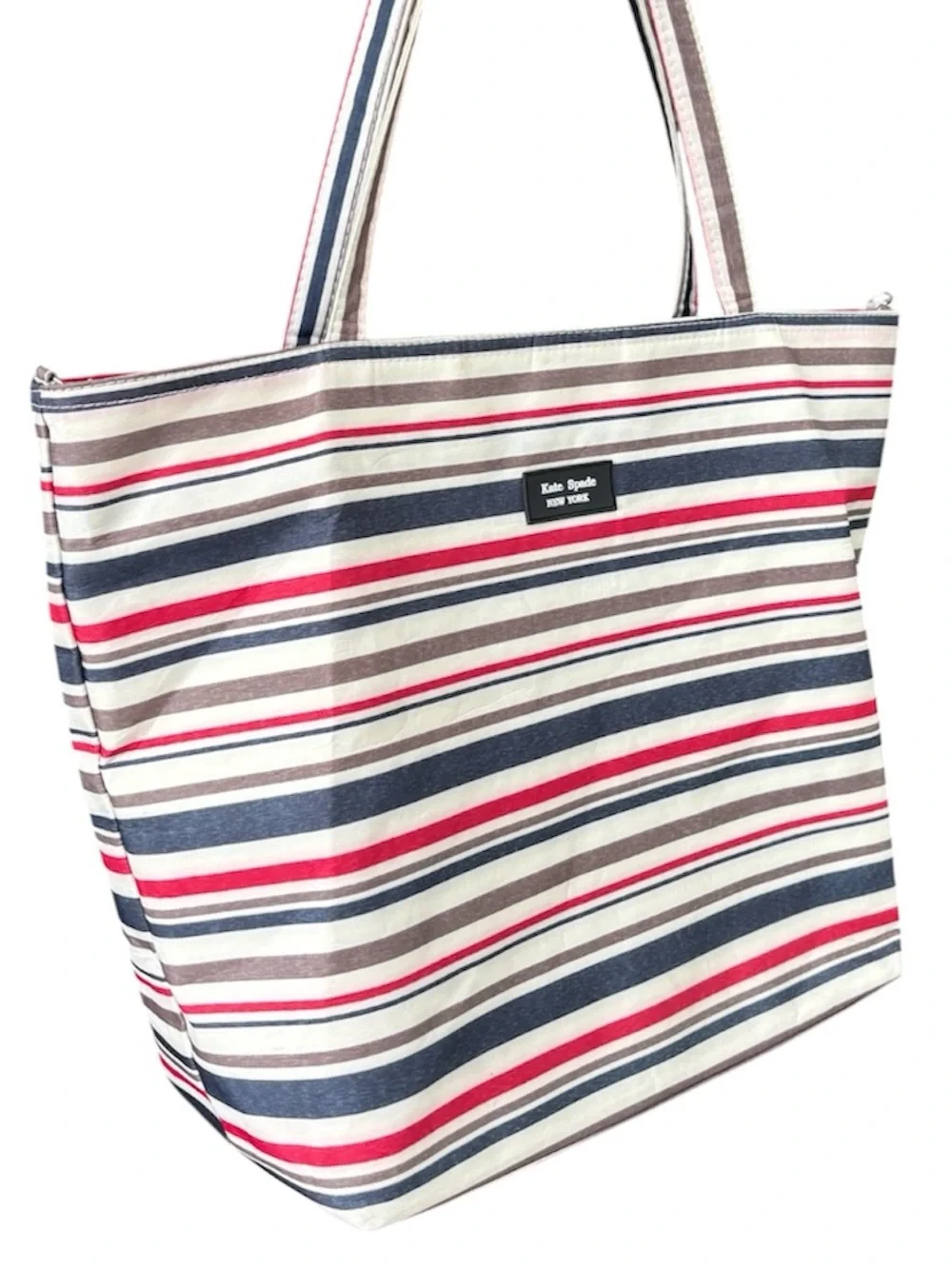 Kate Spade Striped Shoulder Bag Tote Tan Red Navy Travel Nautical Coastal Luxury